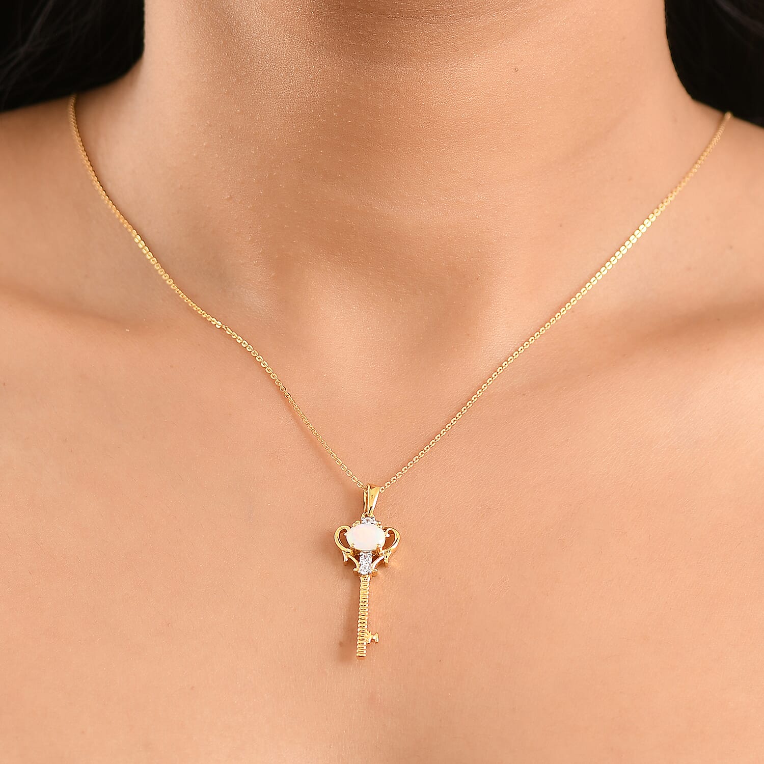 Faceted Ethiopian Opal & White Zircon Key Pendant with Chain (Size 20) in Sterling Silver.