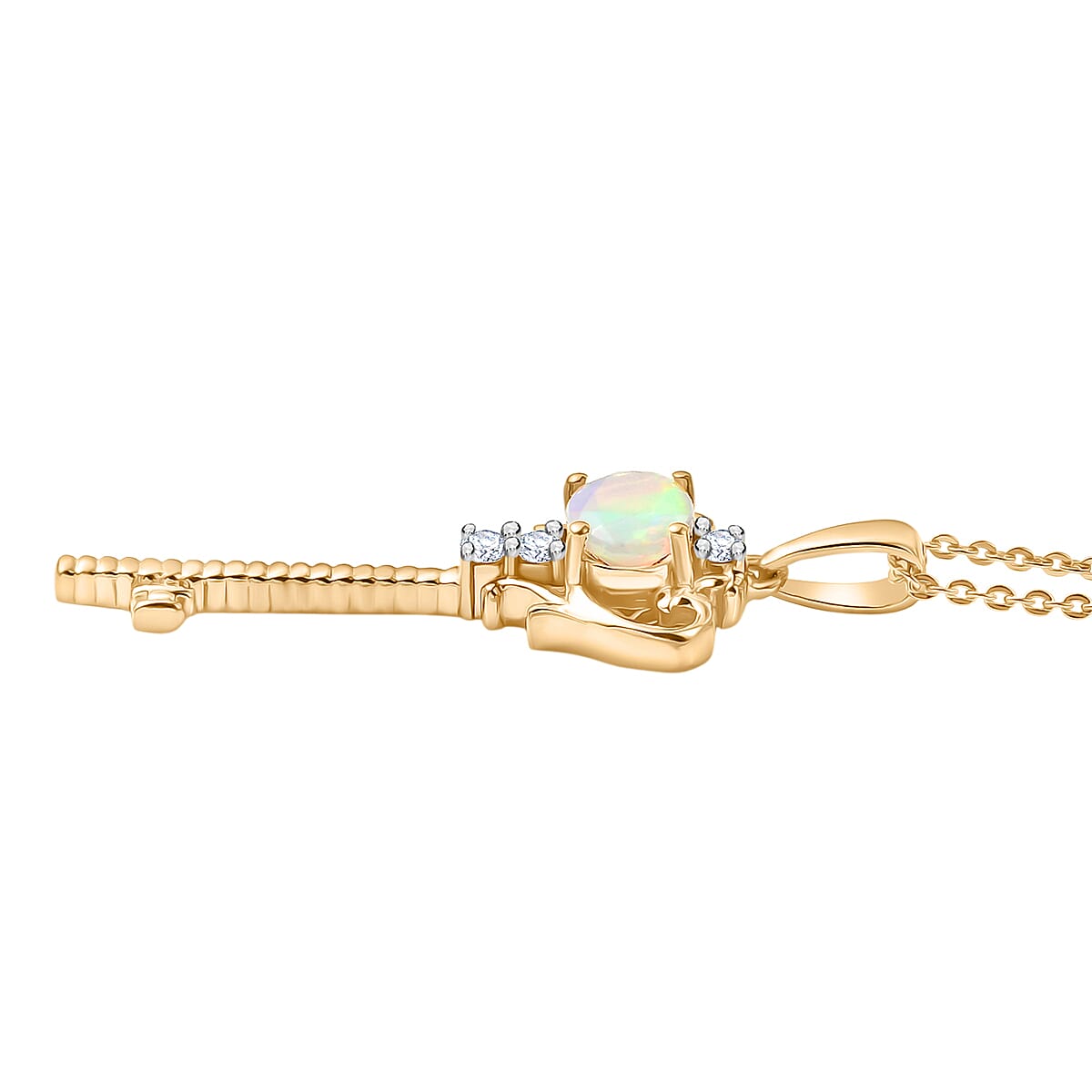 Faceted Ethiopian Opal & White Zircon Key Pendant with Chain (Size 20) in Sterling Silver.