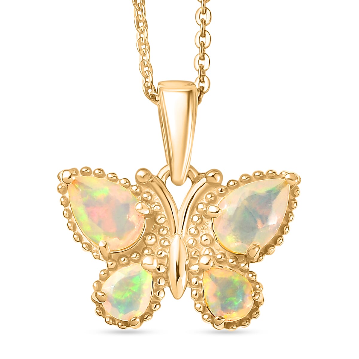 Faceted Ethiopian Opal Butterfly Pendant with Chain (Size 20) in Yellow Gold Plated Sterling Silver.