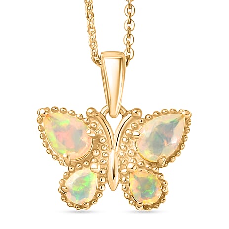 Faceted Ethiopian Opal Butterfly Pendant with Chain (Size 20) in Yellow Gold Plated Sterling Silver.
