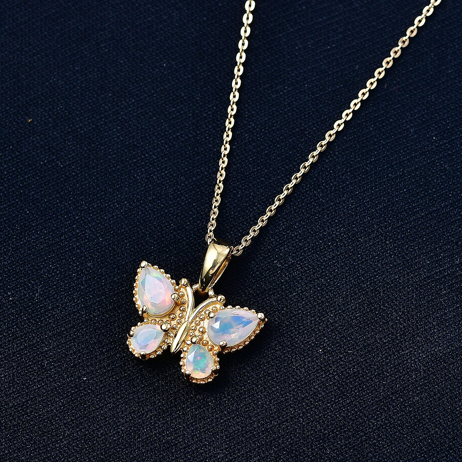Faceted Ethiopian Opal Butterfly Pendant with Chain (Size 20) in Yellow Gold Plated Sterling Silver.