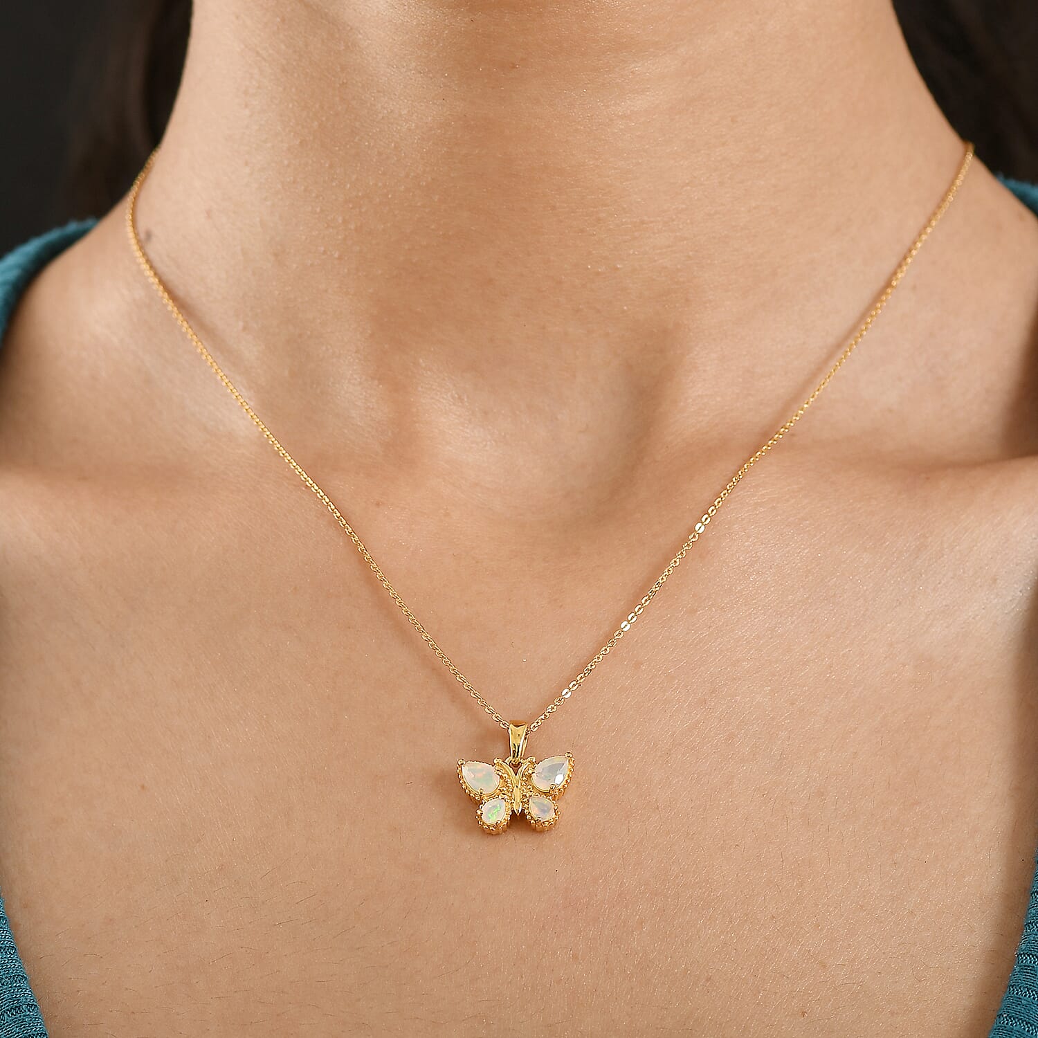 Faceted Ethiopian Opal Butterfly Pendant with Chain (Size 20) in Yellow Gold Plated Sterling Silver.