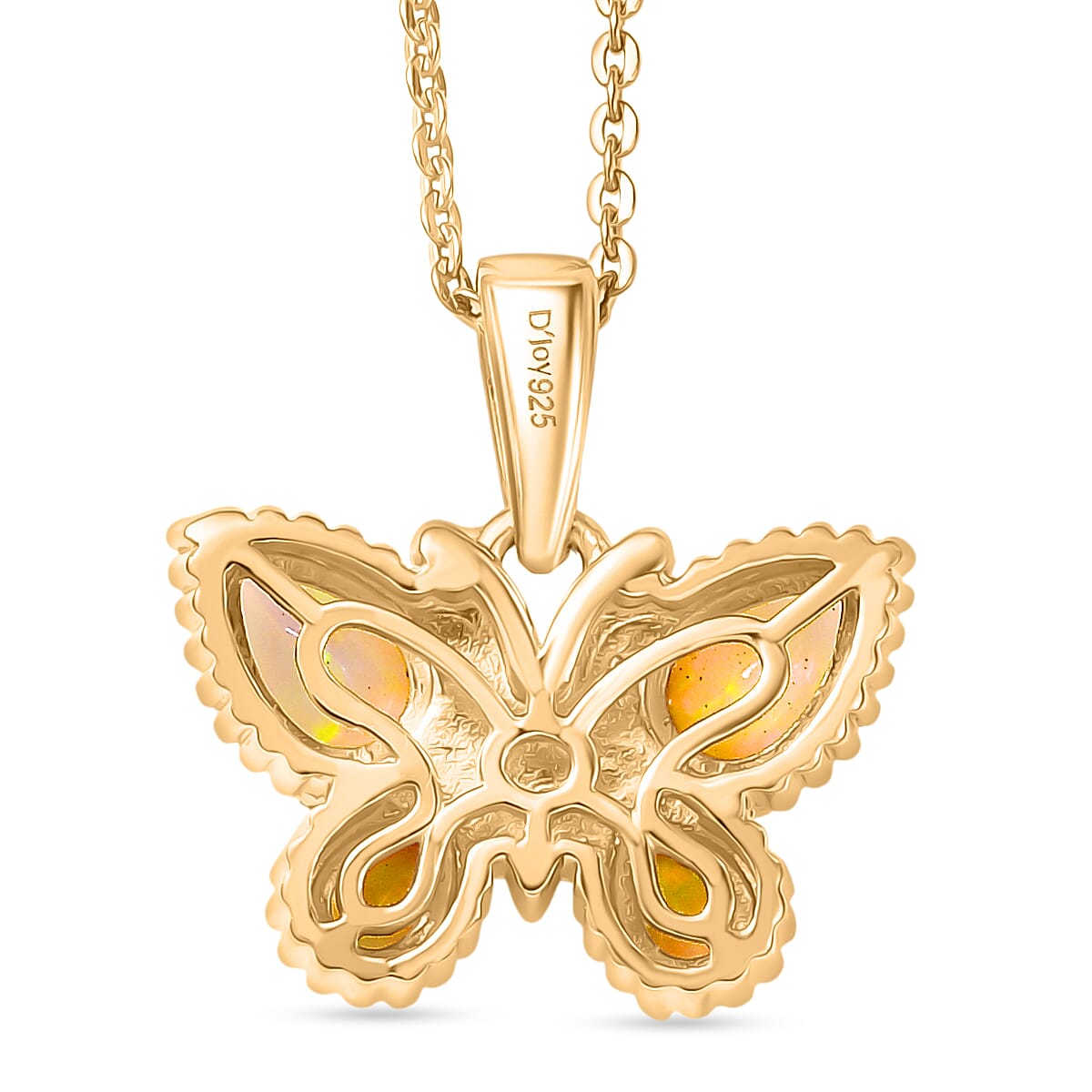 Faceted Ethiopian Opal Butterfly Pendant with Chain (Size 20) in Yellow Gold Plated Sterling Silver.
