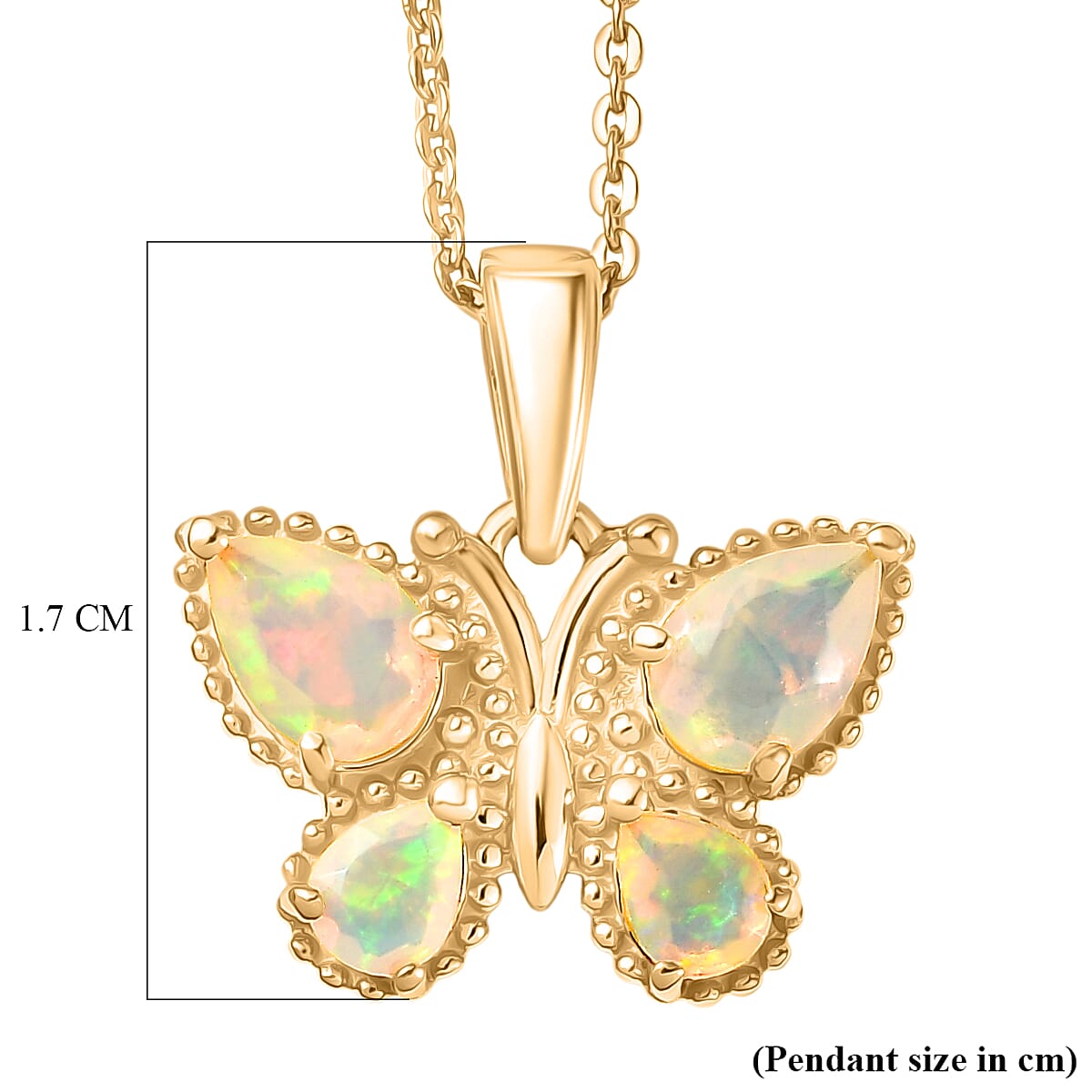Faceted Ethiopian Opal Butterfly Pendant with Chain (Size 20) in Yellow Gold Plated Sterling Silver.