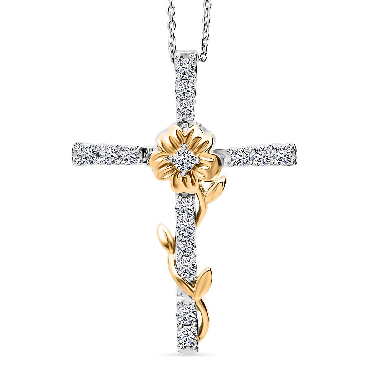 Luxuriant SI-GH Lab Grown Diamond Cross Pendant with Chain (Size 18-2 inch Extender) in 18K Vermeil Yellow Gold Plated Sterling Silver