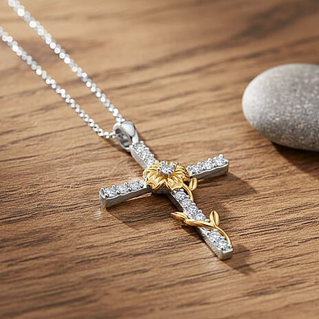Luxuriant SI-GH Lab Grown Diamond Cross Pendant with Chain (Size 18-2 inch Extender) in 18K Vermeil Yellow Gold Plated Sterling Silver