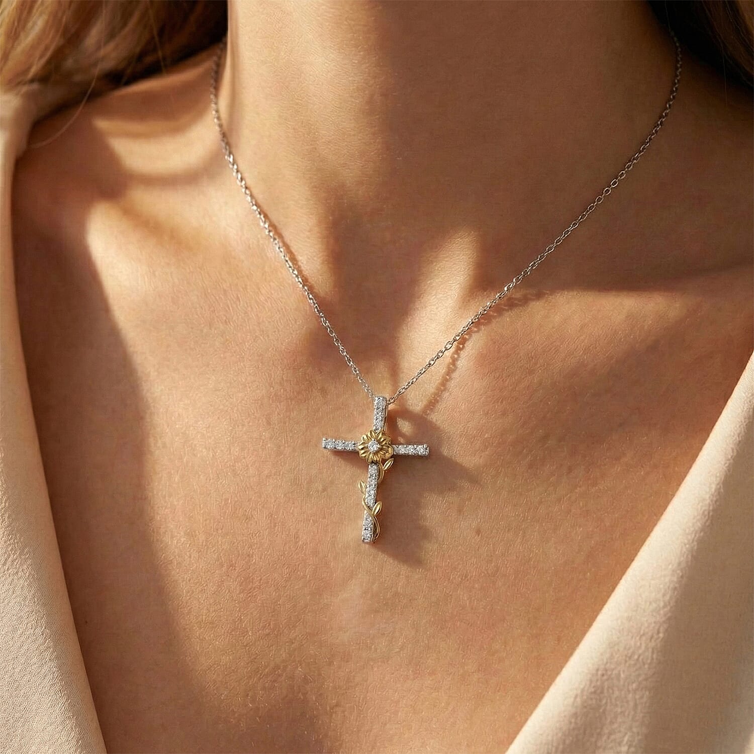 Luxuriant SI-GH Lab Grown Diamond Cross Pendant with Chain (Size 18-2 inch Extender) in 18K Vermeil Yellow Gold Plated Sterling Silver