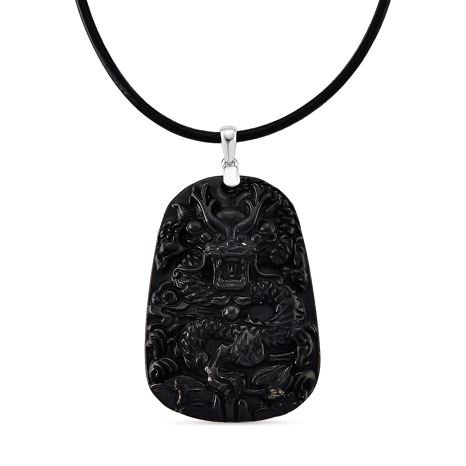 Natural Shungite Carved Dragon Sterling Silver Pendant with Chain (Size - 20) 95.00 Ct. Symbolizes power, wisdom, and protection