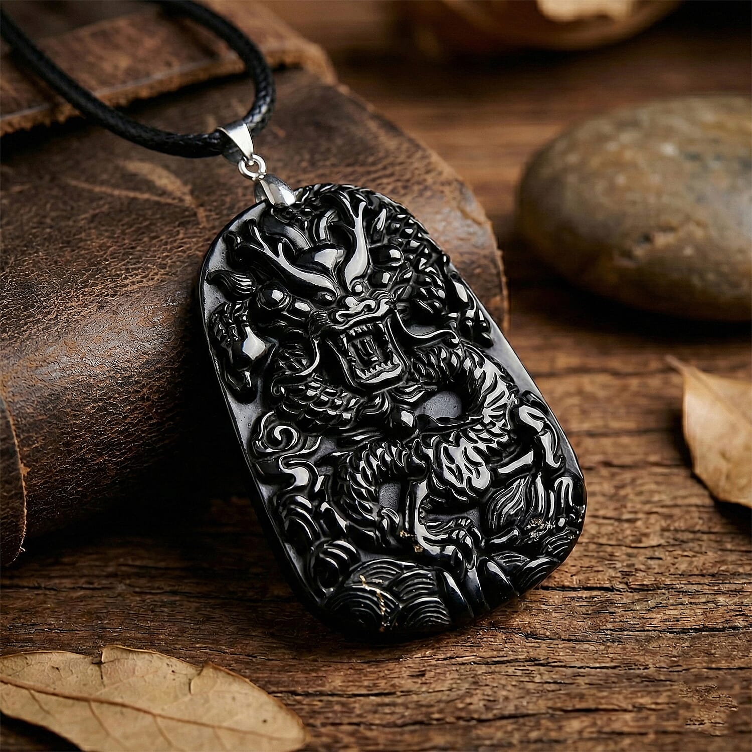 Natural Shungite Carved Dragon Sterling Silver Pendant with Chain (Size - 20) 95.00 Ct. Symbolizes power, wisdom, and protection
