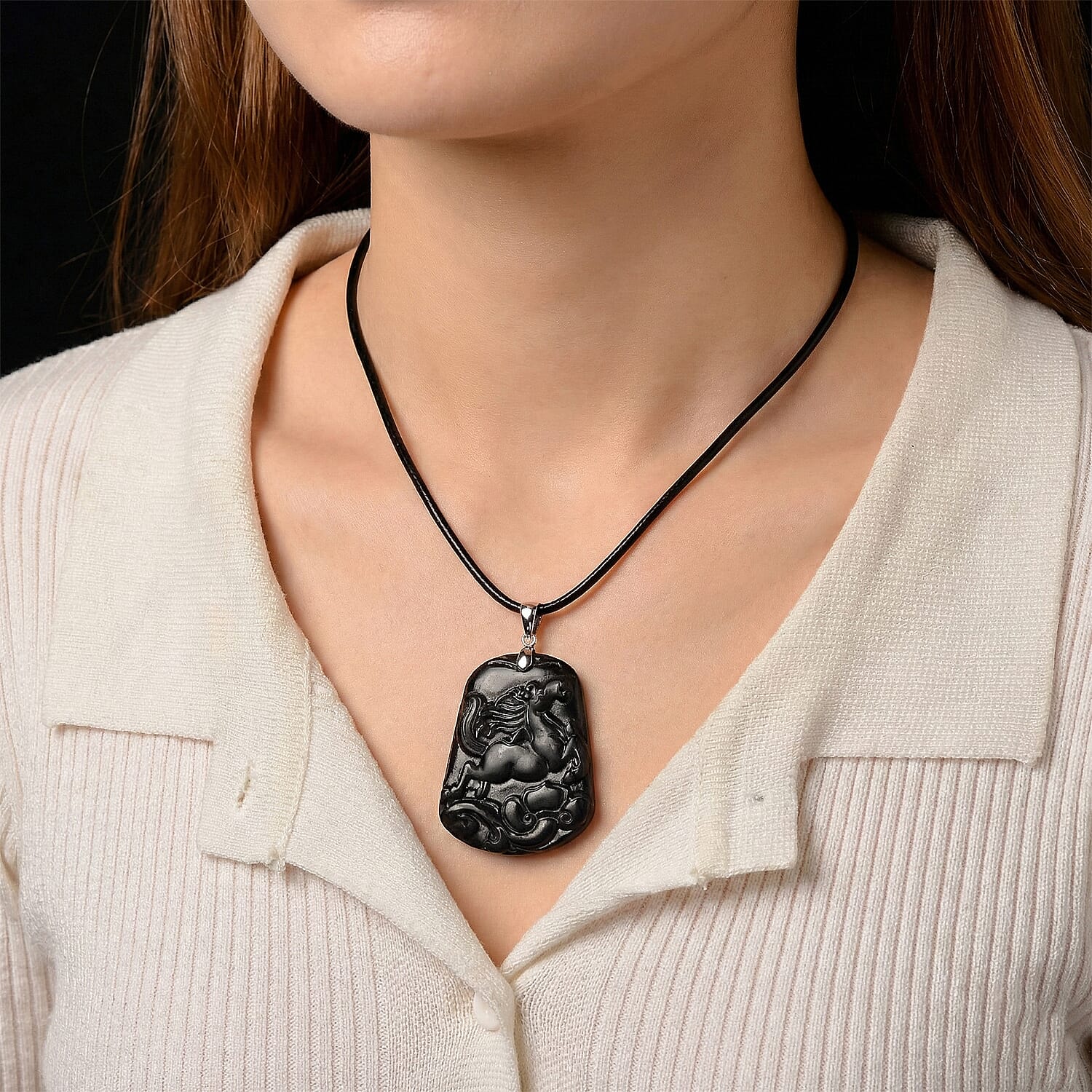 Natural Shungite Carved Horse Sterling Silver Pendant with Chain (Size - 20) 95.00 Ct. Symbolizing freedom, strength, and nobility