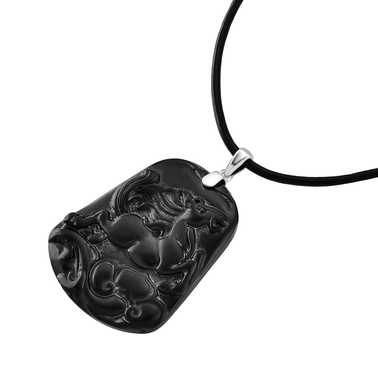 Natural Shungite Carved Horse Sterling Silver Pendant with Chain (Size - 20) 95.00 Ct. Symbolizing freedom, strength, and nobility