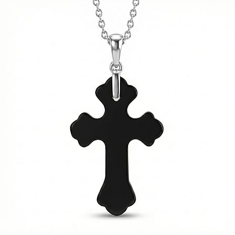 Shungite Rhodium Overlay Cross Pendant with Chain (Size 20) 15.00 Ct.