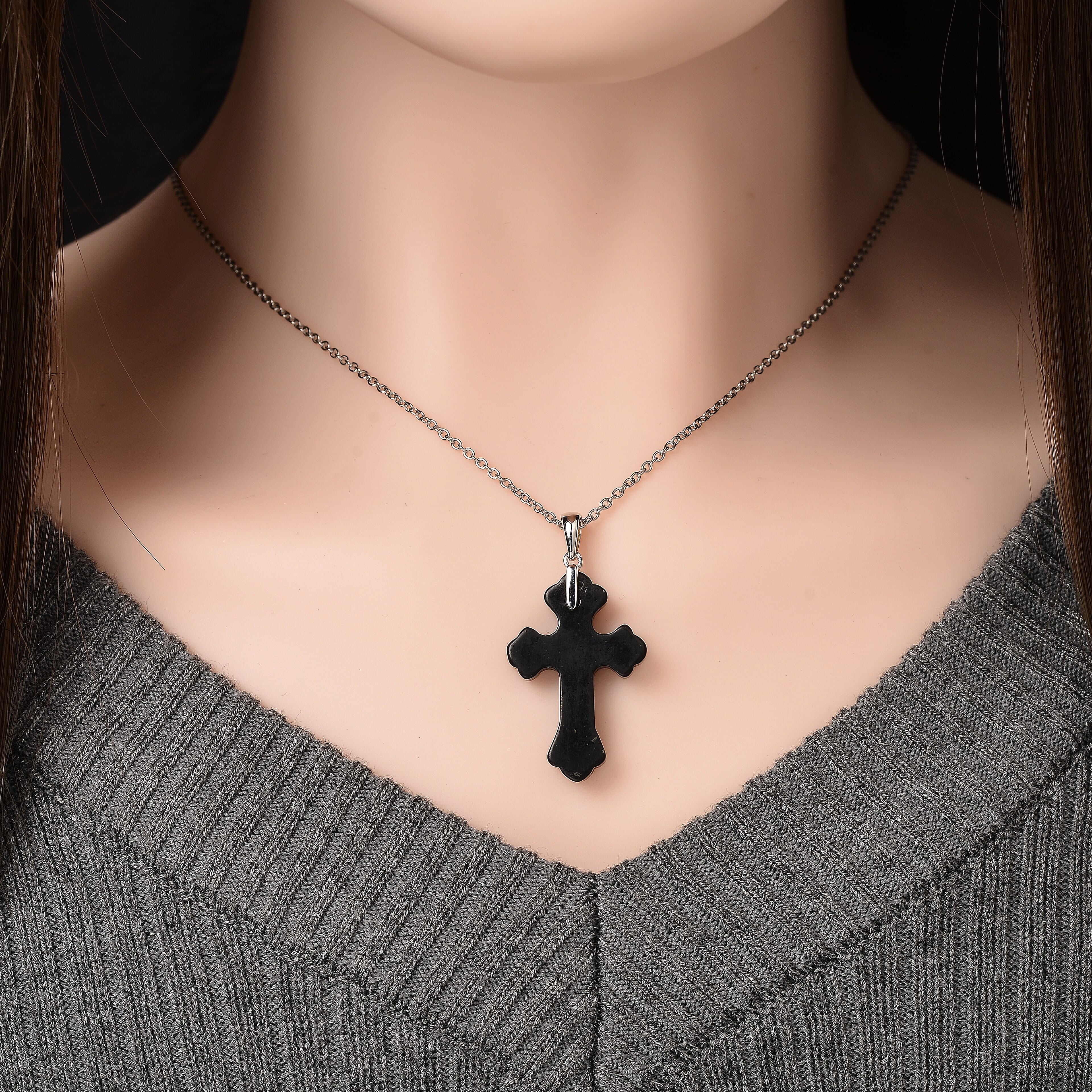 Shungite Rhodium Overlay Cross Pendant with Chain (Size 20) 15.00 Ct.