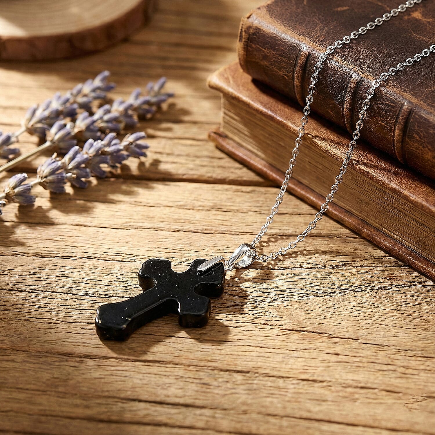 Shungite Rhodium Overlay Cross Pendant with Chain (Size 20) 15.00 Ct.