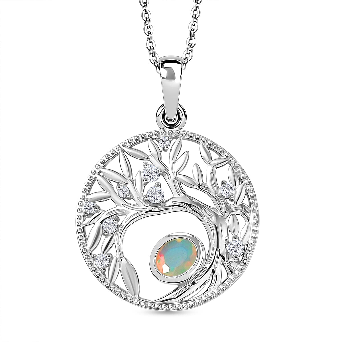 Faceted Ethiopian Opal & White Zircon Pendant with Chain (Size 20) in Platinum Overlay Sterling Silver.