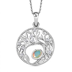 Faceted Ethiopian Opal & White Zircon Pendant with Chain (Size 20) in Platinum Overlay Sterling Silver.