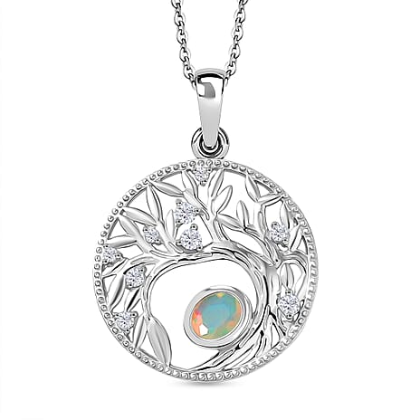Faceted Ethiopian Opal & White Zircon Pendant with Chain (Size 20) in Platinum Overlay Sterling Silver.