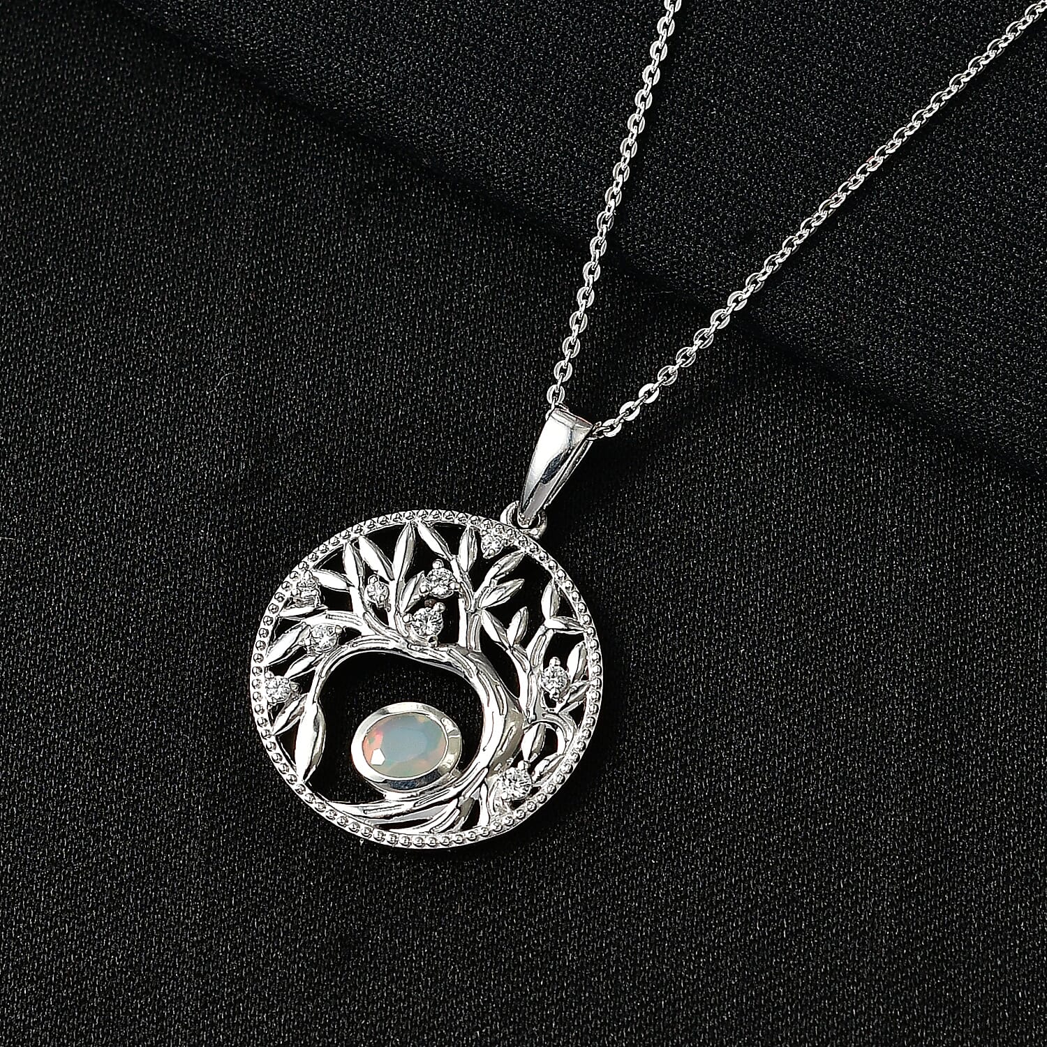 Faceted Ethiopian Opal & White Zircon Pendant with Chain (Size 20) in Platinum Overlay Sterling Silver.