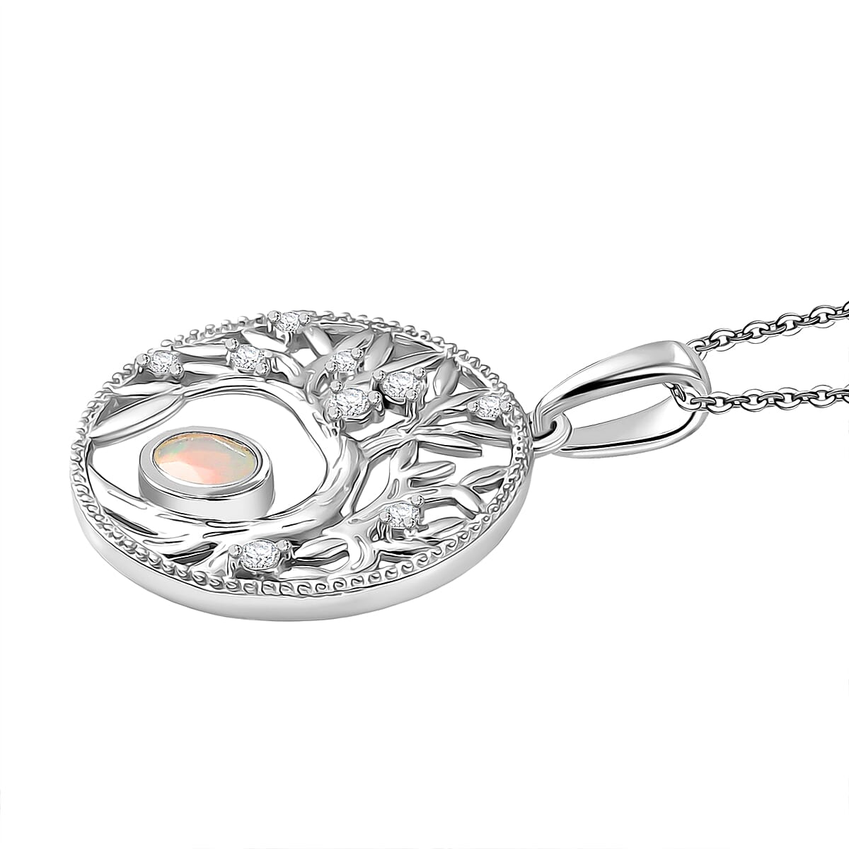 Faceted Ethiopian Opal & White Zircon Pendant with Chain (Size 20) in Platinum Overlay Sterling Silver.