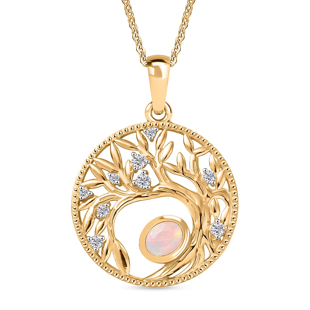 Faceted Ethiopian Opal & White Zircon Pendant with Chain (Size 20) in Yellow Gold Plated Sterling Silver.
