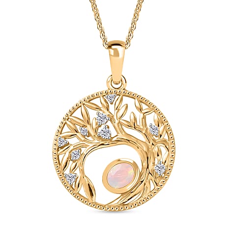 Faceted Ethiopian Opal & White Zircon Pendant with Chain (Size 20) in Yellow Gold Plated Sterling Silver.