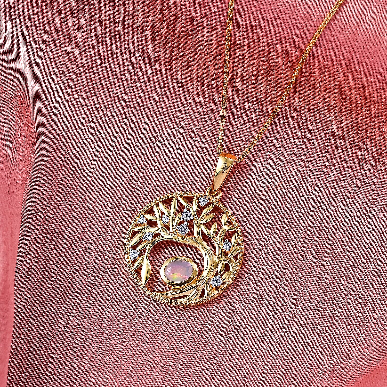 Faceted Ethiopian Opal & White Zircon Pendant with Chain (Size 20) in Yellow Gold Plated Sterling Silver.