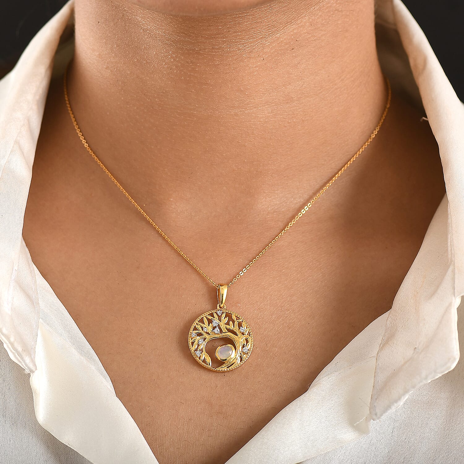 Faceted Ethiopian Opal & White Zircon Pendant with Chain (Size 20) in Yellow Gold Plated Sterling Silver.