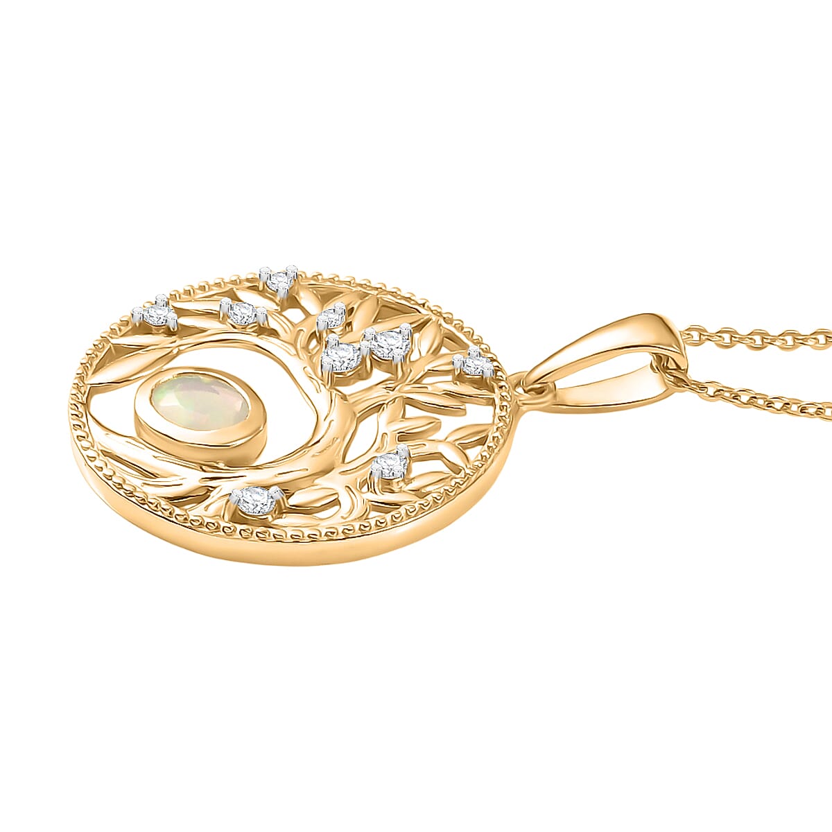 Faceted Ethiopian Opal & White Zircon Pendant with Chain (Size 20) in Yellow Gold Plated Sterling Silver.