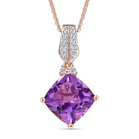 D'Joy AAA Rose De France Amethyst & White Zircon Pendant with Chain (Size 20) in Rose Gold Plated Sterling Silver 3.31 Ct.