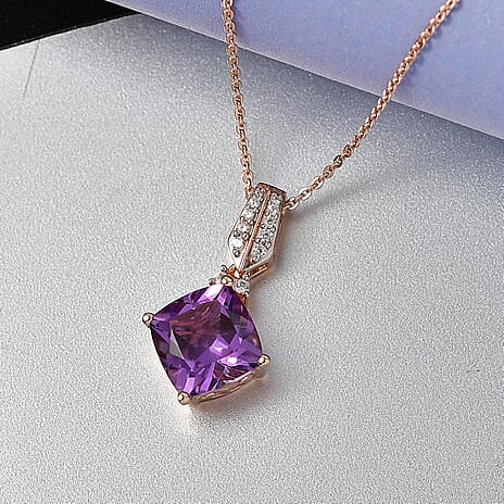 D'Joy AAA Rose De France Amethyst & White Zircon Pendant with Chain (Size 20) in Rose Gold Plated Sterling Silver 3.31 Ct.