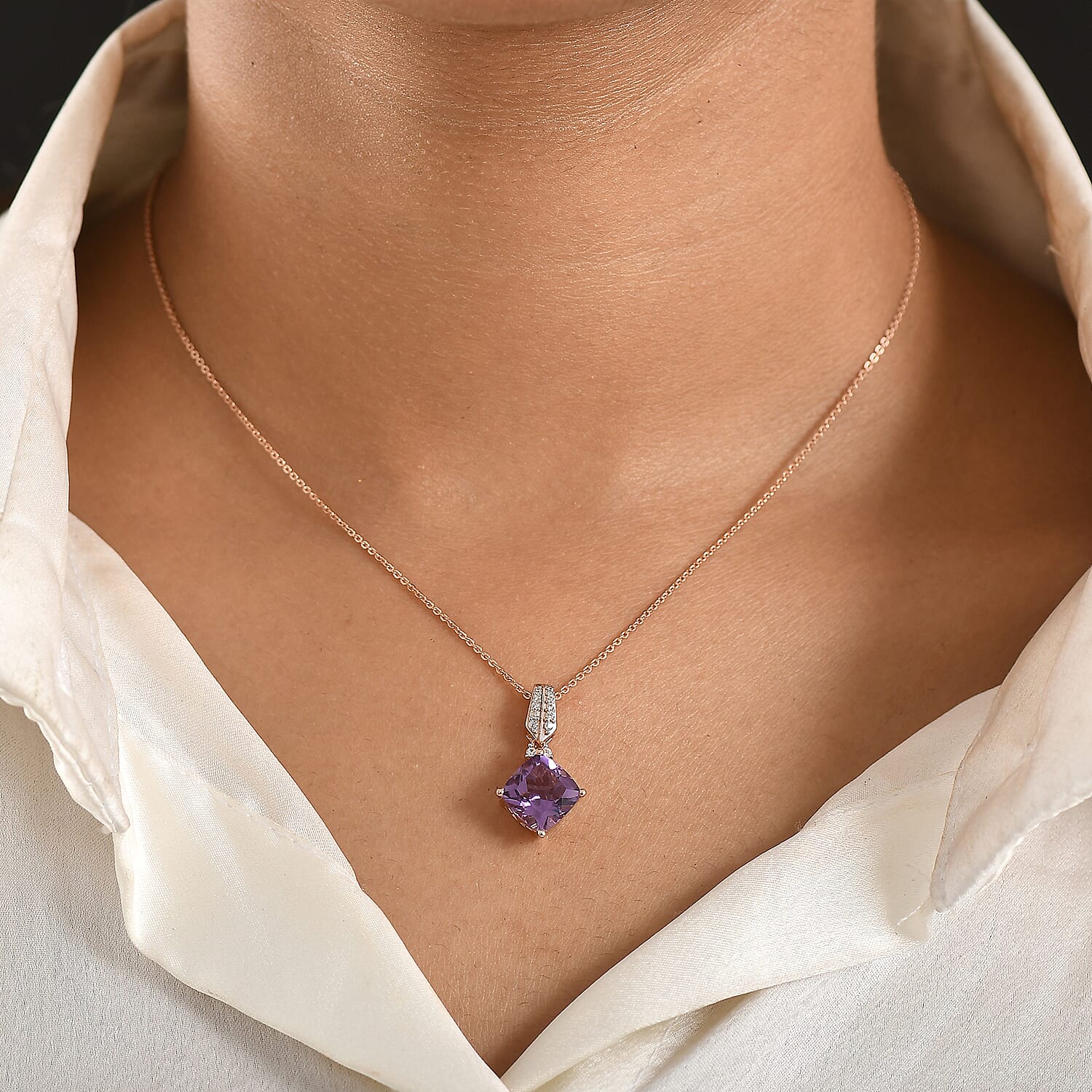 D'Joy AAA Rose De France Amethyst & White Zircon Pendant with Chain (Size 20) in Rose Gold Plated Sterling Silver 3.31 Ct.