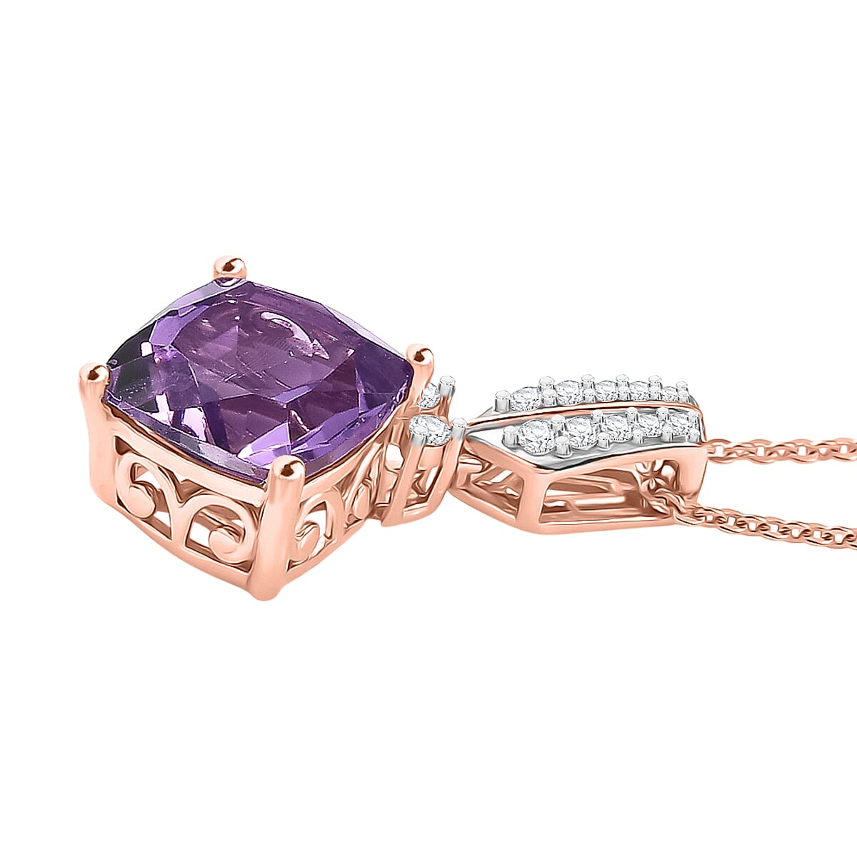 D'Joy AAA Rose De France Amethyst & White Zircon Pendant with Chain (Size 20) in Rose Gold Plated Sterling Silver 3.31 Ct.