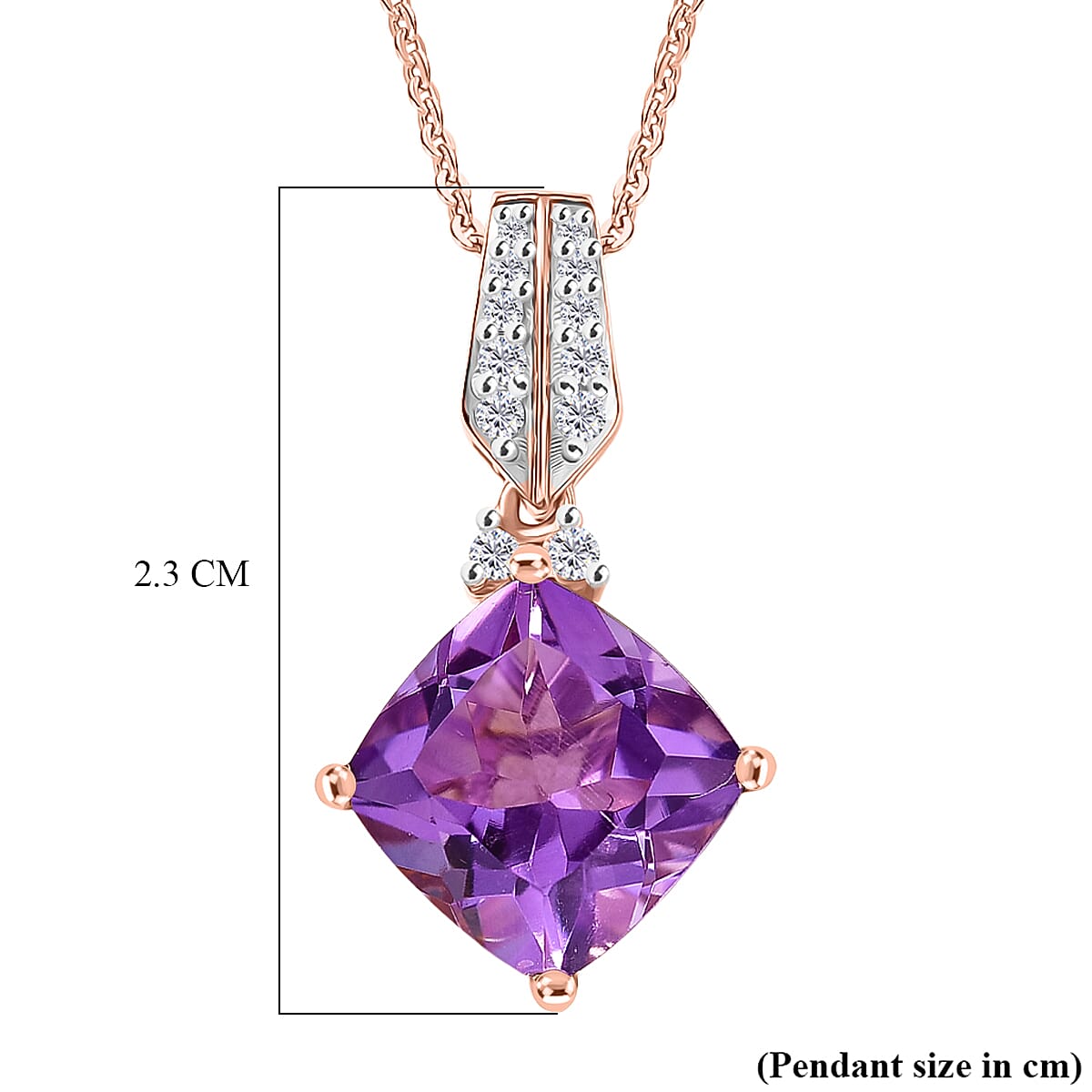 D'Joy AAA Rose De France Amethyst & White Zircon Pendant with Chain (Size 20) in Rose Gold Plated Sterling Silver 3.31 Ct.
