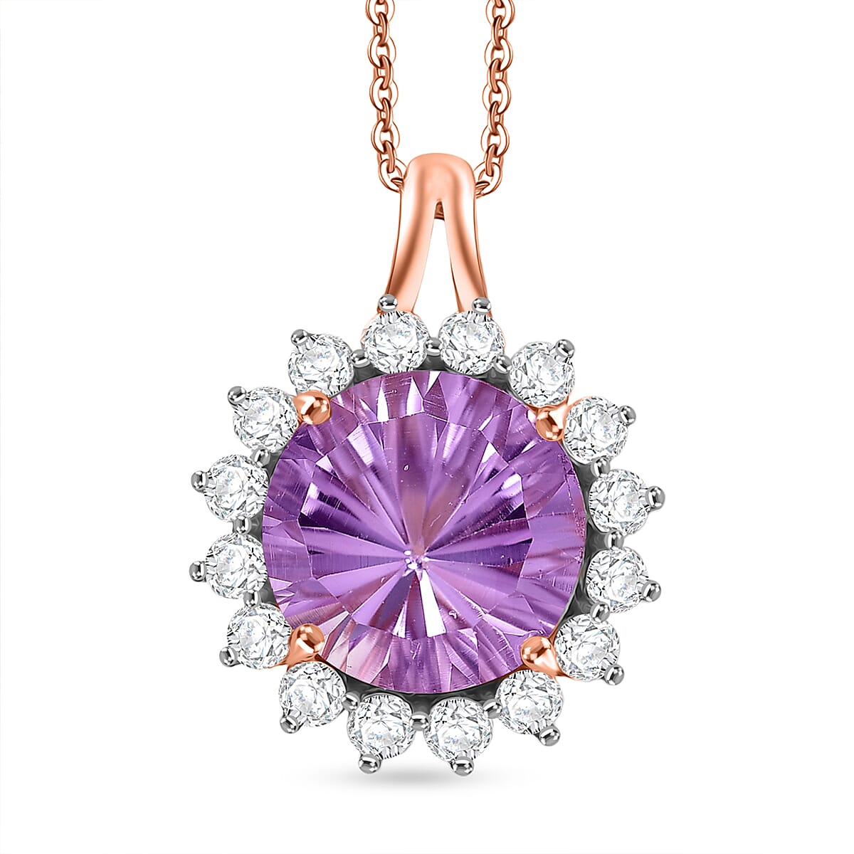 D'Joy AAA Rose De France Amethyst & White Zircon Halo Pendant with Chain (Size 20) in Rose Gold Plated Sterling Silver 7.33 Ct.