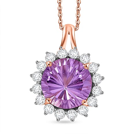 D'Joy AAA Rose De France Amethyst & White Zircon Halo Pendant with Chain (Size 20) in Rose Gold Plated Sterling Silver 7.33 Ct.