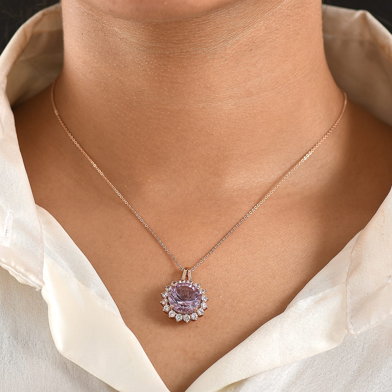 D'Joy AAA Rose De France Amethyst & White Zircon Halo Pendant with Chain (Size 20) in Rose Gold Plated Sterling Silver 7.33 Ct.