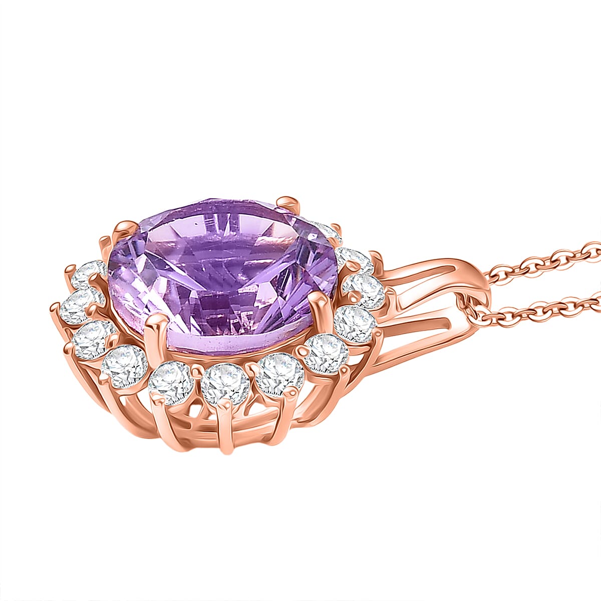 D'Joy AAA Rose De France Amethyst & White Zircon Halo Pendant with Chain (Size 20) in Rose Gold Plated Sterling Silver 7.33 Ct.