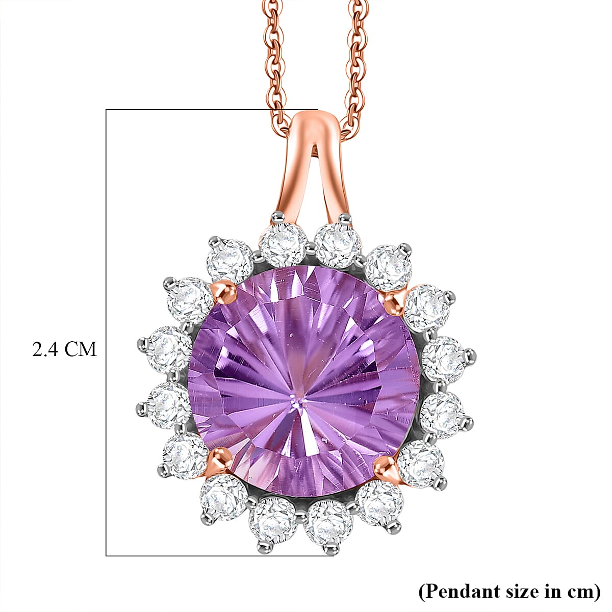 D'Joy AAA Rose De France Amethyst & White Zircon Halo Pendant with Chain (Size 20) in Rose Gold Plated Sterling Silver 7.33 Ct.