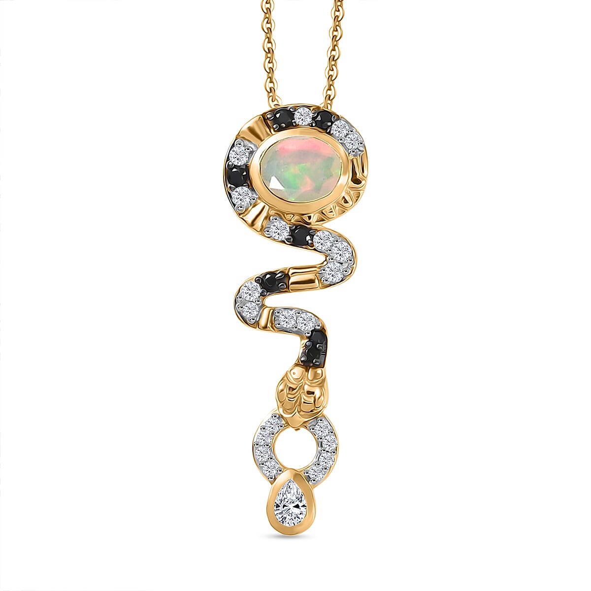 Faceted Ethiopian Opal, Moissanite & Black Spinel Pendant with Chain (Size 20) in Yellow Gold Plated Sterling Silver.