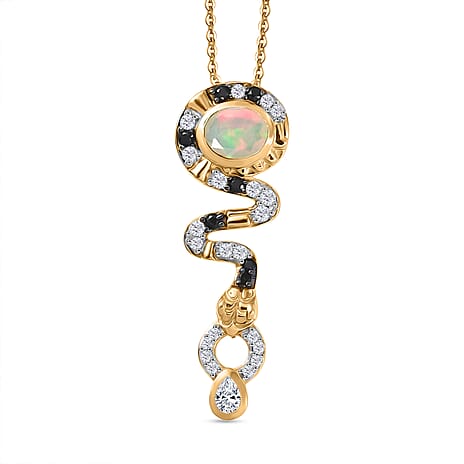 Faceted Ethiopian Opal, Moissanite & Black Spinel Pendant with Chain (Size 20) in Yellow Gold Plated Sterling Silver.