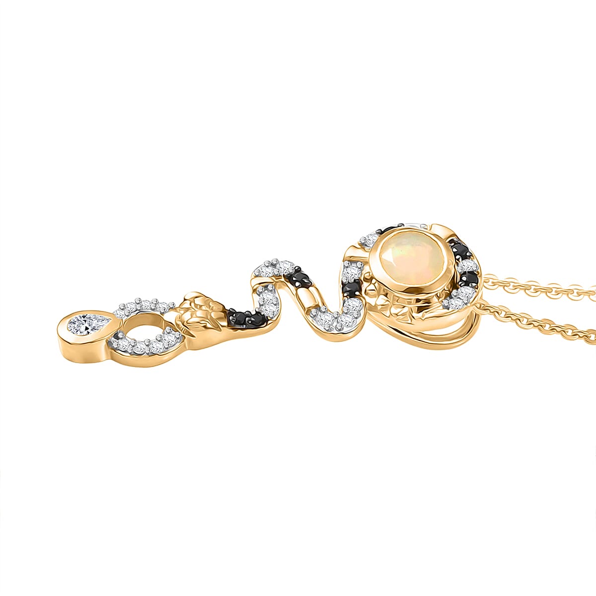 Faceted Ethiopian Opal, Moissanite & Black Spinel Pendant with Chain (Size 20) in Yellow Gold Plated Sterling Silver.