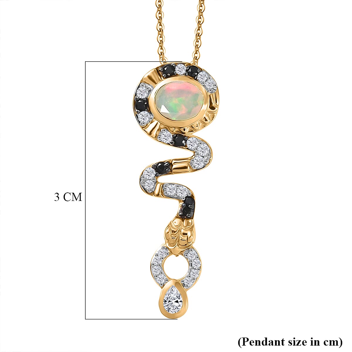 Faceted Ethiopian Opal, Moissanite & Black Spinel Pendant with Chain (Size 20) in Yellow Gold Plated Sterling Silver.