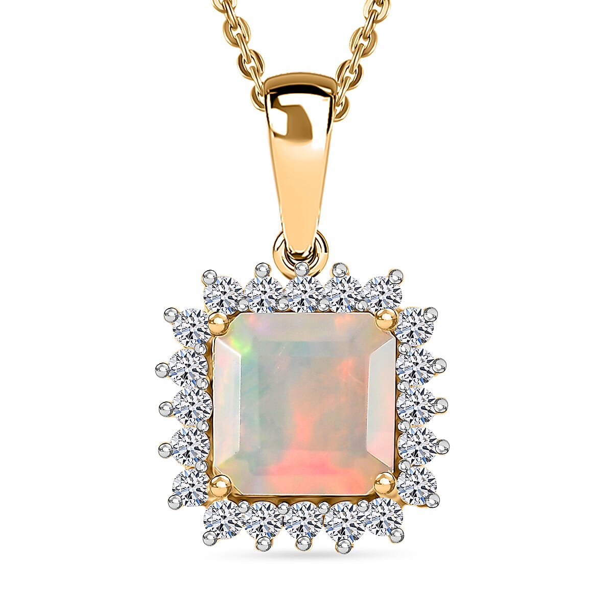 Luxuriant- Premium Faceted Ethiopian Opal & SI-G-H Lab Grown Diamond Pendant with Chain (Size 20) in 18K Vermeil Yellow Gold Plated Sterling Silver 1.75 Ct.