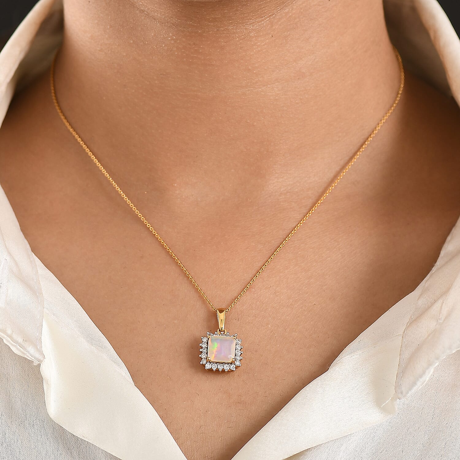Luxuriant- Premium Faceted Ethiopian Opal & SI-G-H Lab Grown Diamond Pendant with Chain (Size 20) in 18K Vermeil Yellow Gold Plated Sterling Silver 1.75 Ct.