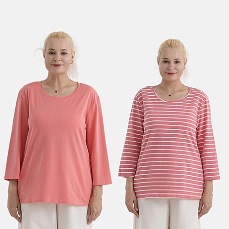 - Maisi Set Of 2 Quarter-Sleeve Cotton Tops (Size S, Fit 8 To 10) - Peach - Striped