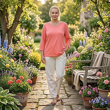 - Maisi Set Of 2 Quarter-Sleeve Cotton Tops (Size M, Fit 12 To 14) - Peach - Striped