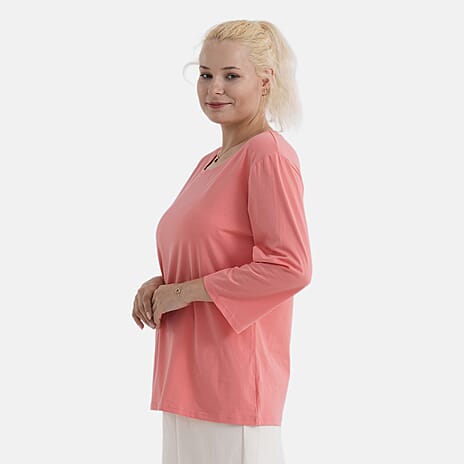 - Maisi Set Of 2 Quarter-Sleeve Cotton Tops (Size XL, Fit 20 To 22) - Peach - Striped