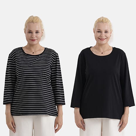 - Maisi Set Of 2 Quarter-Sleeve Cotton Tops (Size M, Fit 12 To 14) - Black - Striped