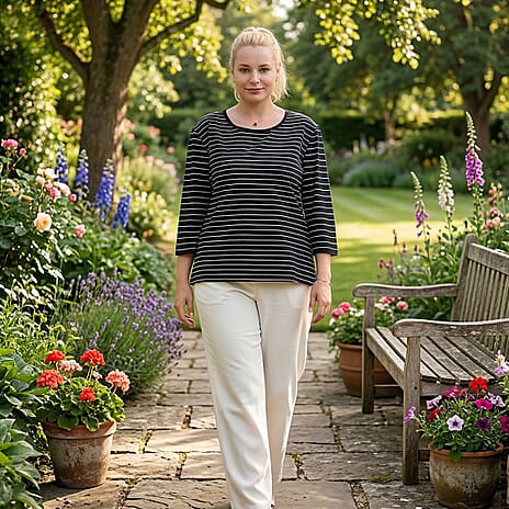 - Maisi Set Of 2 Quarter-Sleeve Cotton Tops (Size M, Fit 12 To 14) - Black - Striped