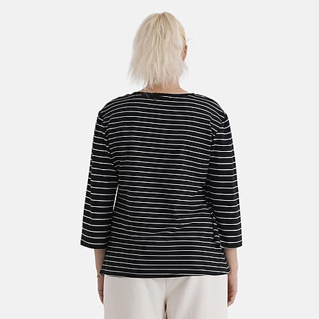 - Maisi Set Of 2 Quarter-Sleeve Cotton Tops (Size M, Fit 12 To 14) - Black - Striped